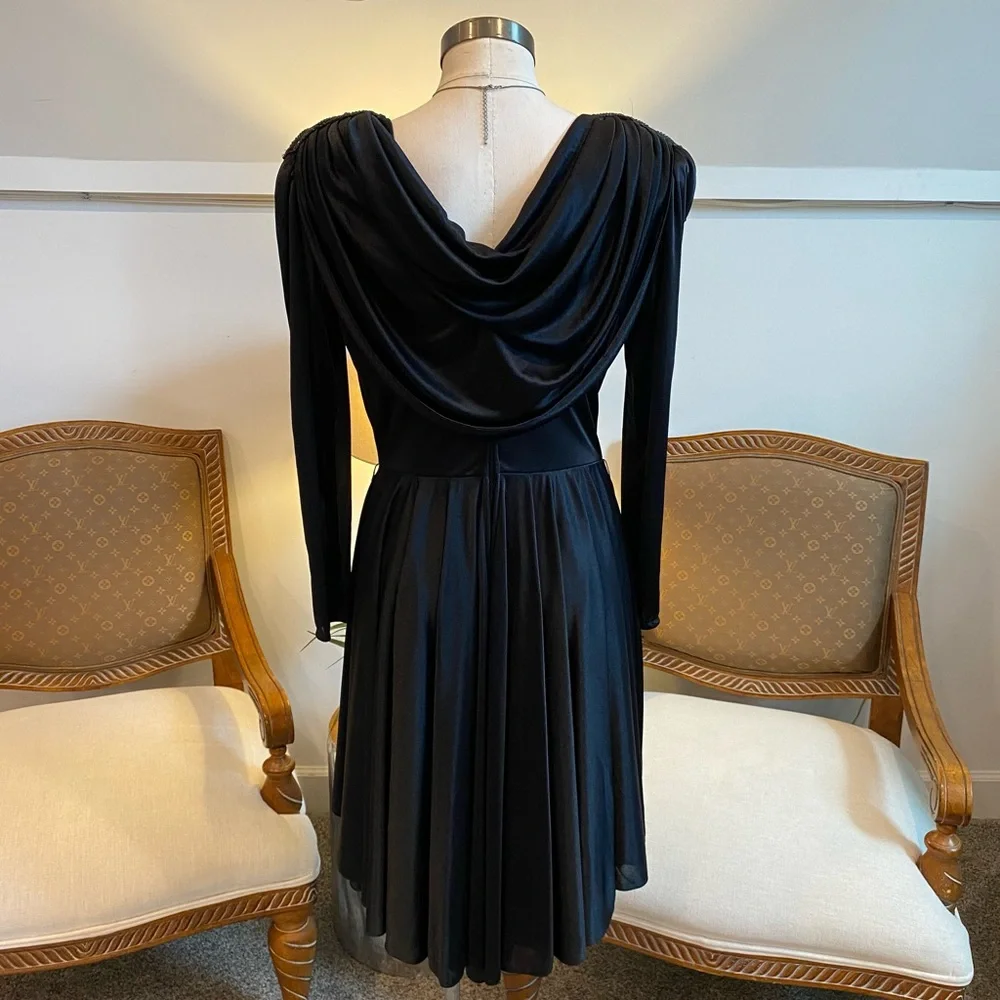 Vintage 80s Women's Elegant Black Draped Dress with Beaded Details by Abby Kent - Picture 4 of 11
